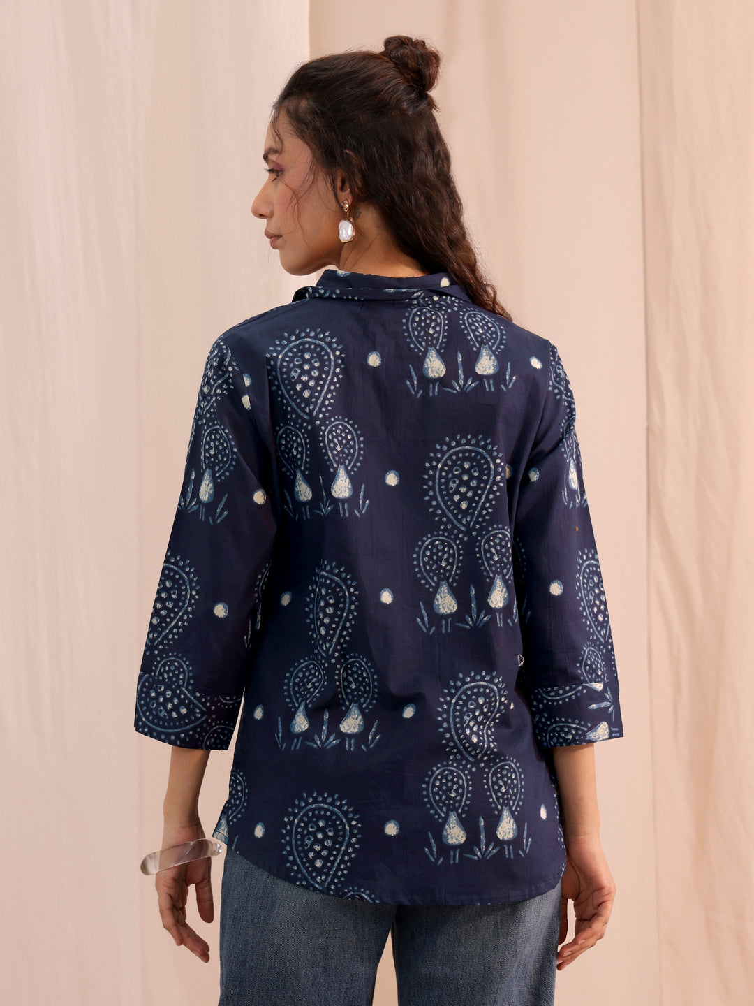 Blue Ethnic Printed Cotton Shirt 