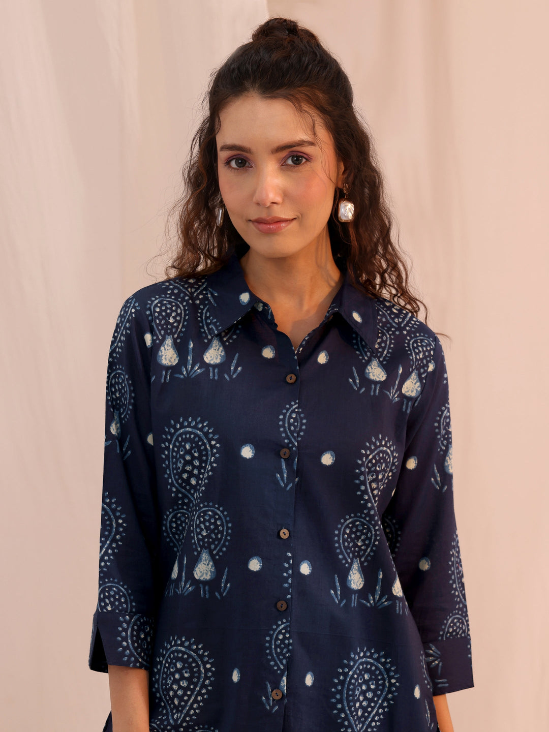  Blue Ethnic Printed Cotton Shirt 
