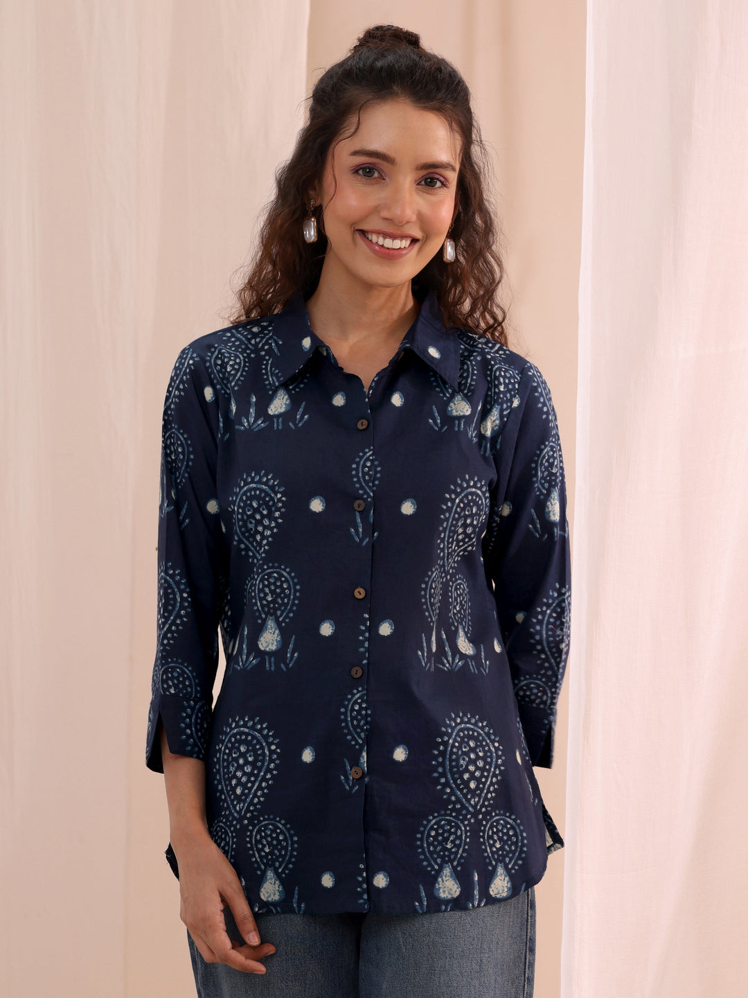  Blue Ethnic Printed Cotton Shirt 
