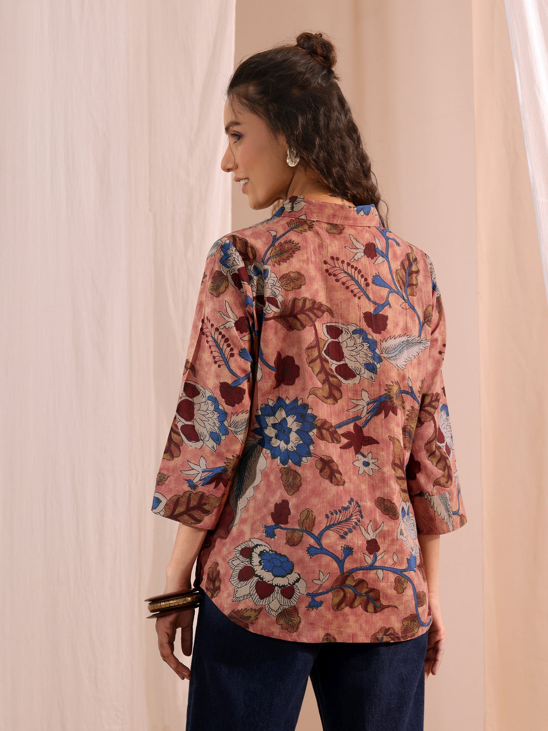  Peach Floral Printed Cotton Shirt 