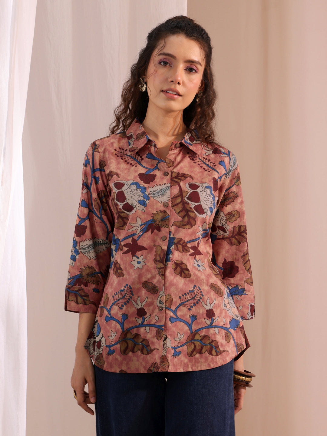 Peach Floral Printed Cotton Shirt 