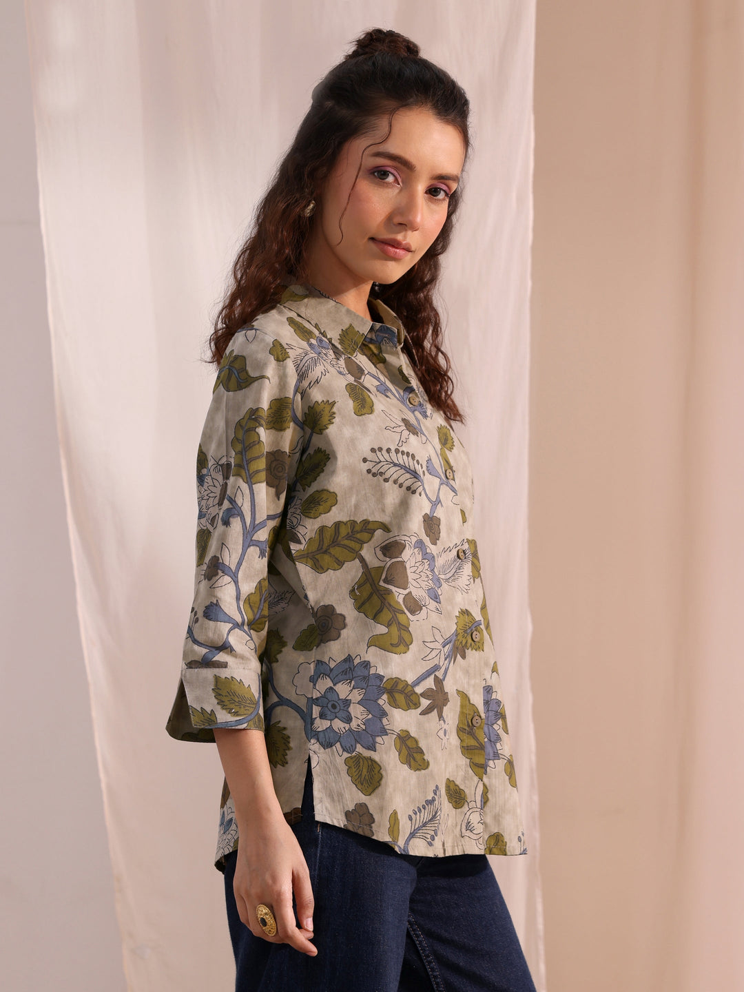  Green Floral Printed Cotton Shirt 