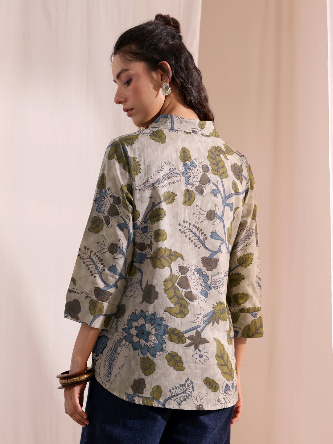  Green Floral Printed Cotton Shirt 