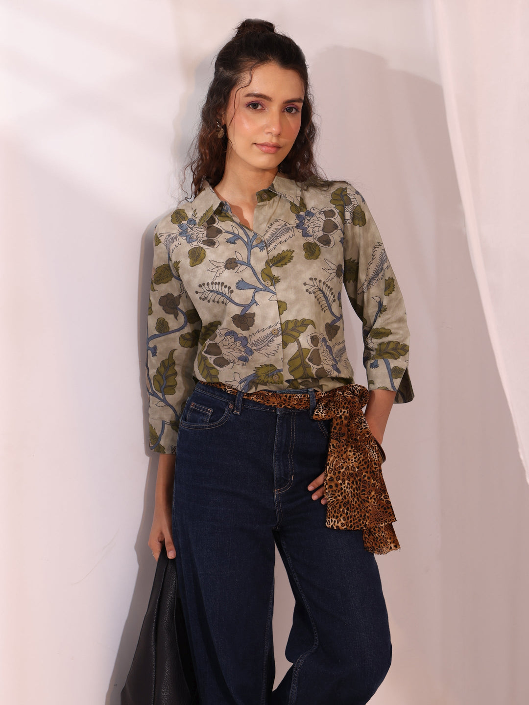  Green Floral Printed Cotton Shirt 