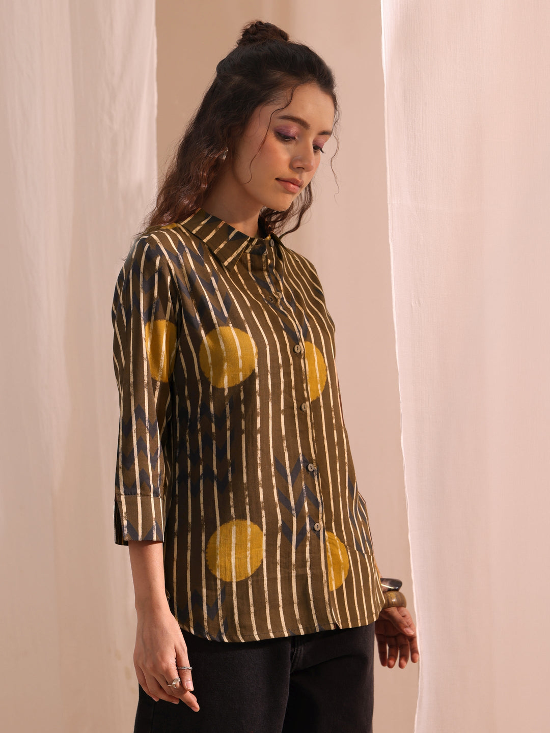  Brown Striped Printed Cotton Shirt 