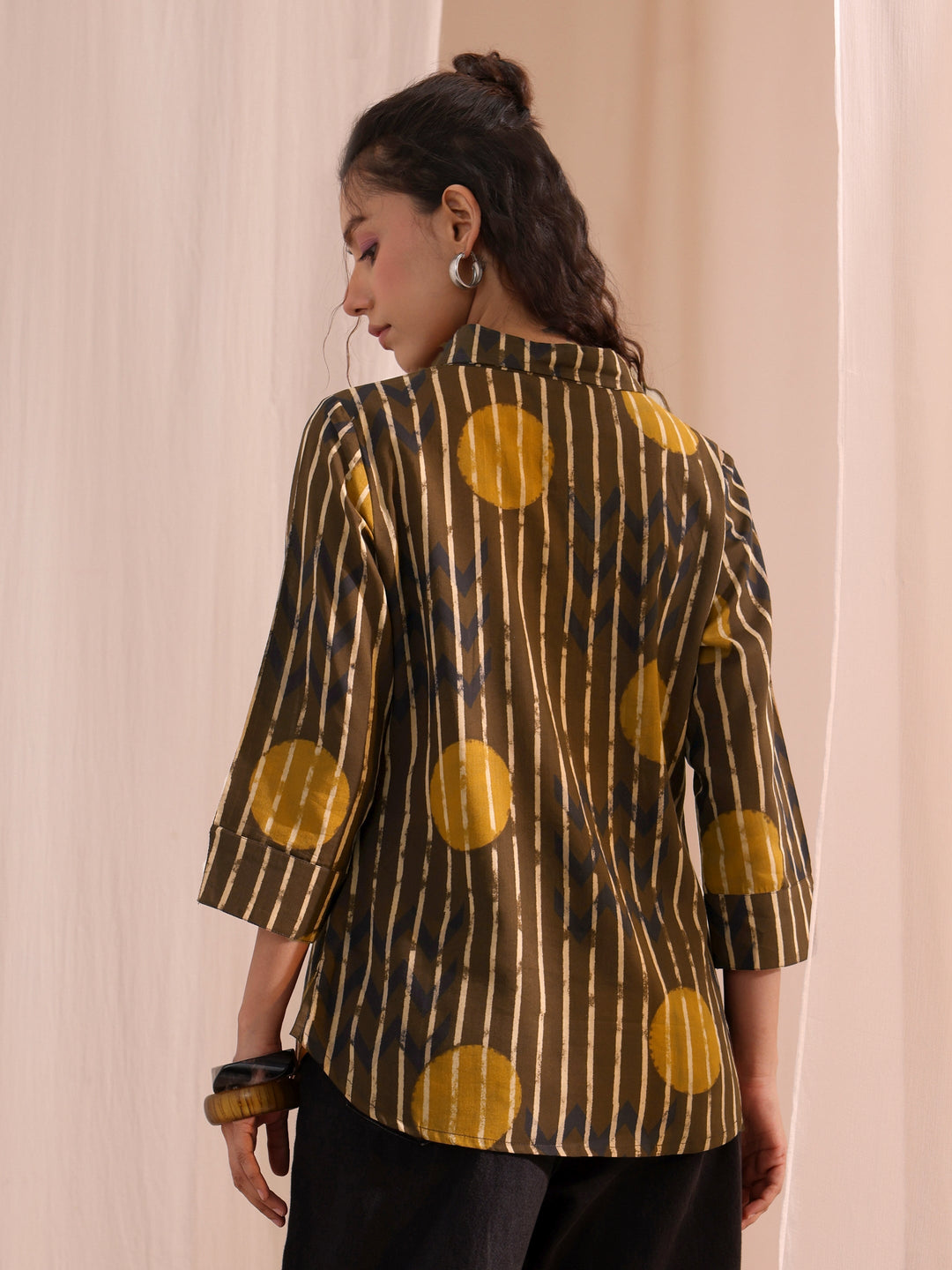 Brown Striped Printed Cotton Shirt 