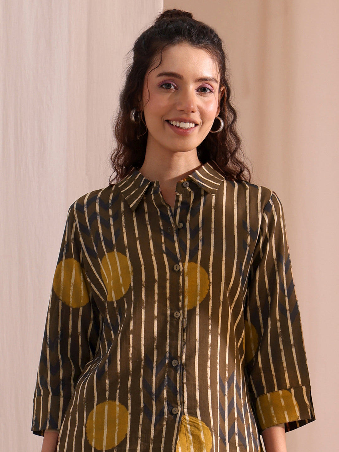  Brown Striped Printed Cotton Shirt 