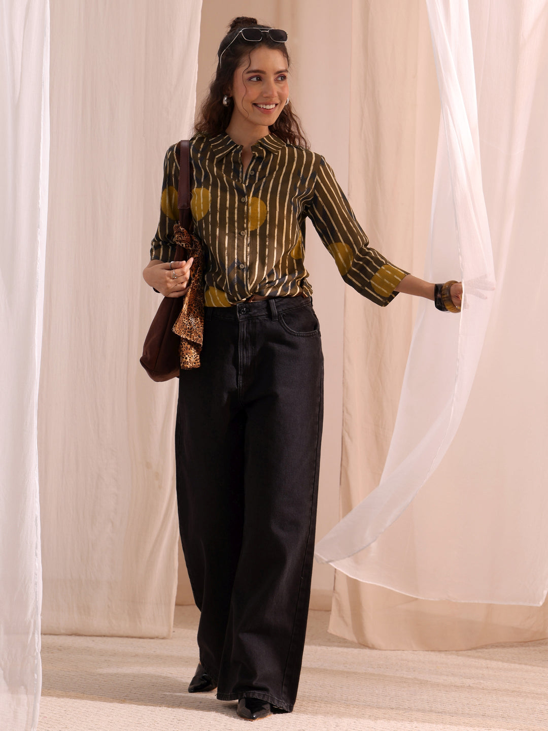  Brown Striped Printed Cotton Shirt 