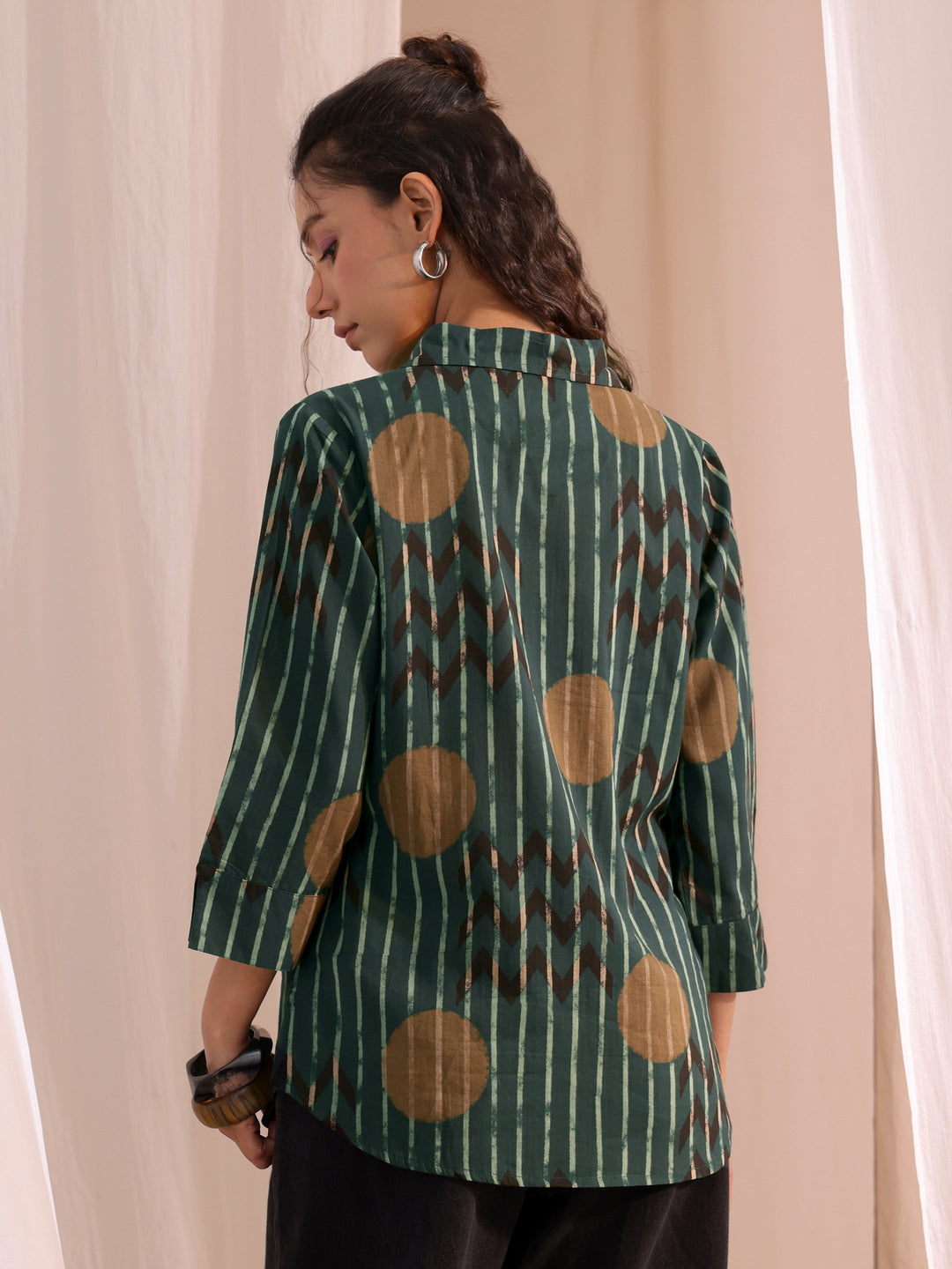  Bottle Green Striped Printed Cotton Shirt 