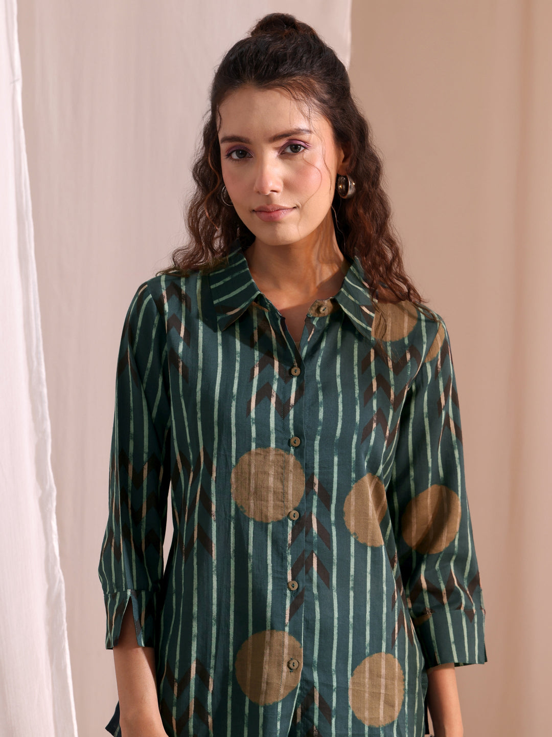  Bottle Green Striped Printed Cotton Shirt 