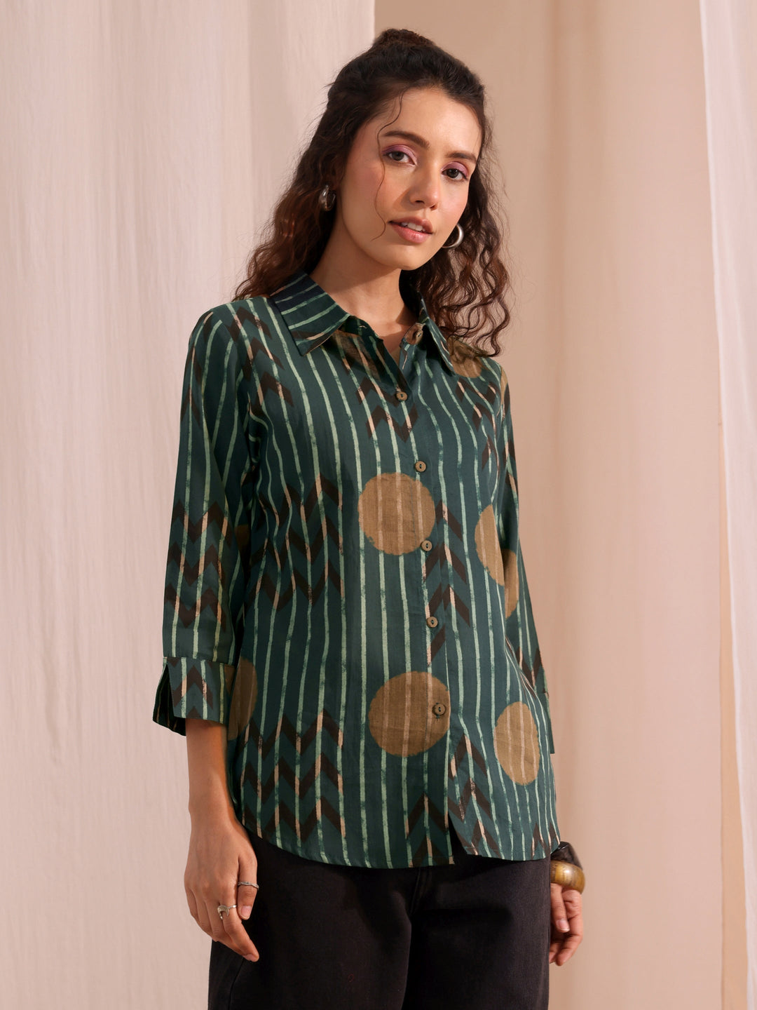  Bottle Green Striped Printed Cotton Shirt 