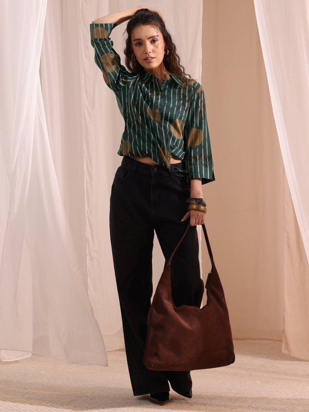  Bottle Green Striped Printed Cotton Shirt 