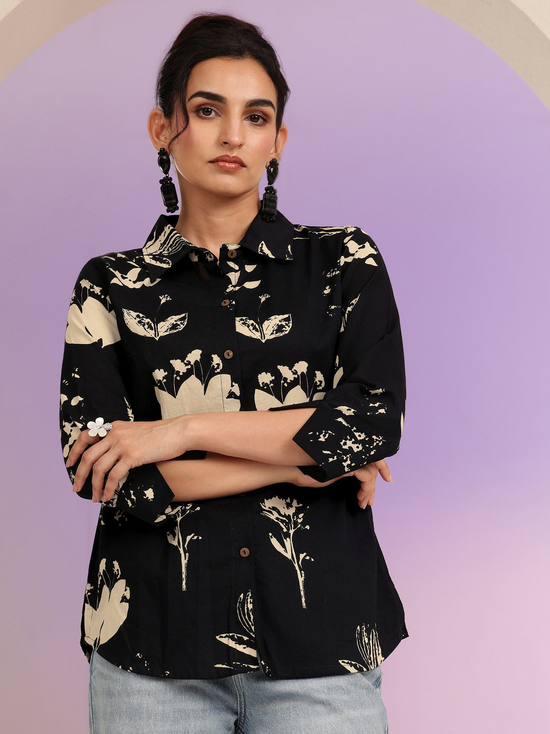  Black Floral Print Cotton Shirt 