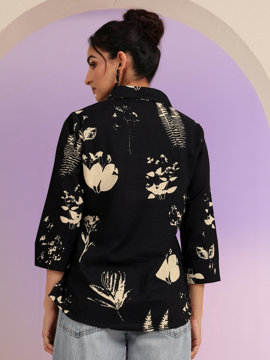  Black Floral Print Cotton Shirt 