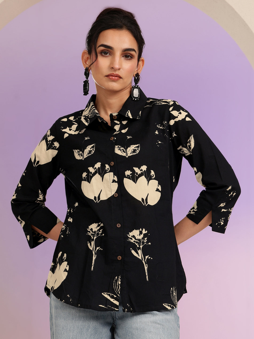  Black Floral Print Cotton Shirt 