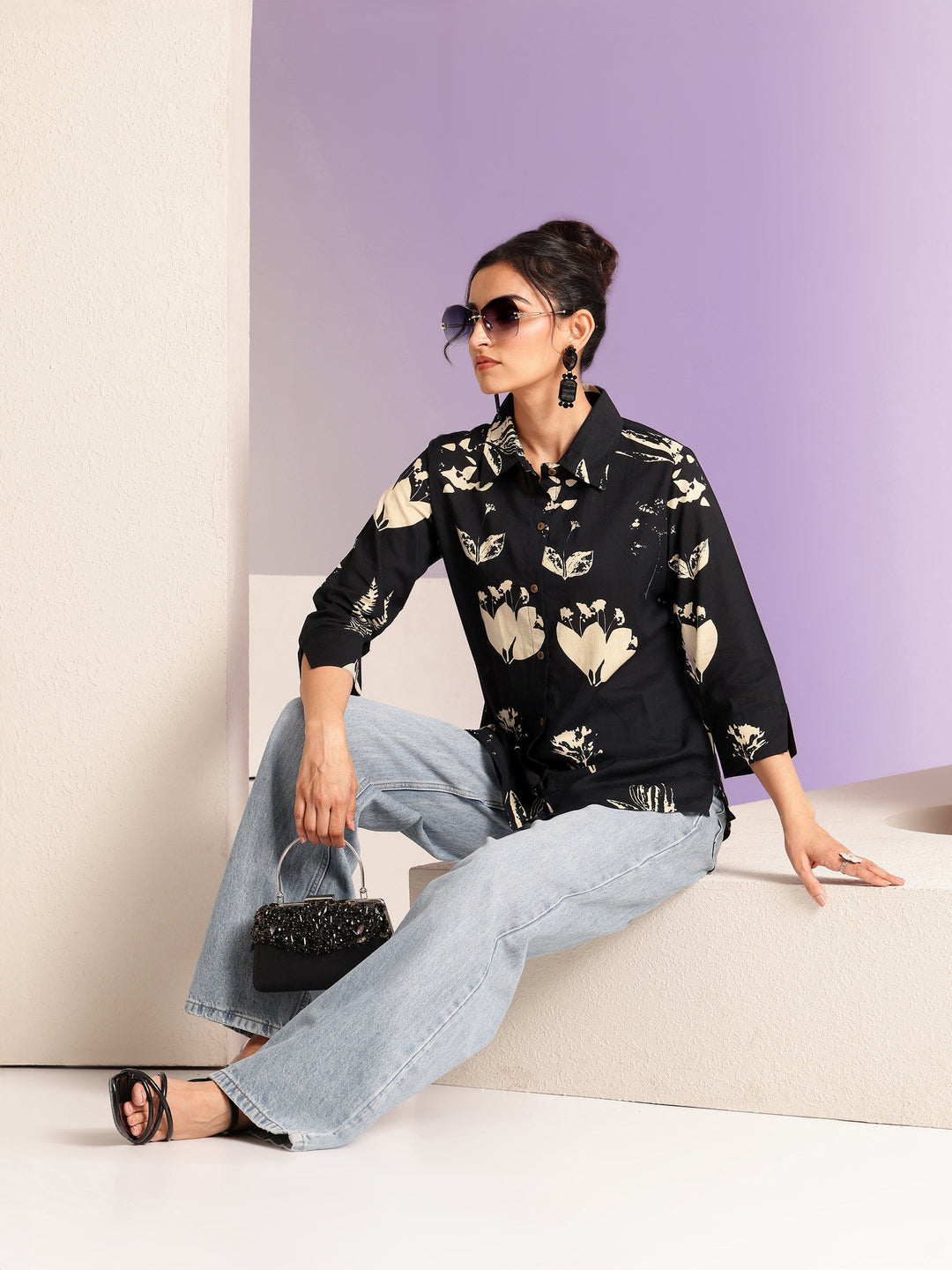  Black Floral Print Cotton Shirt 