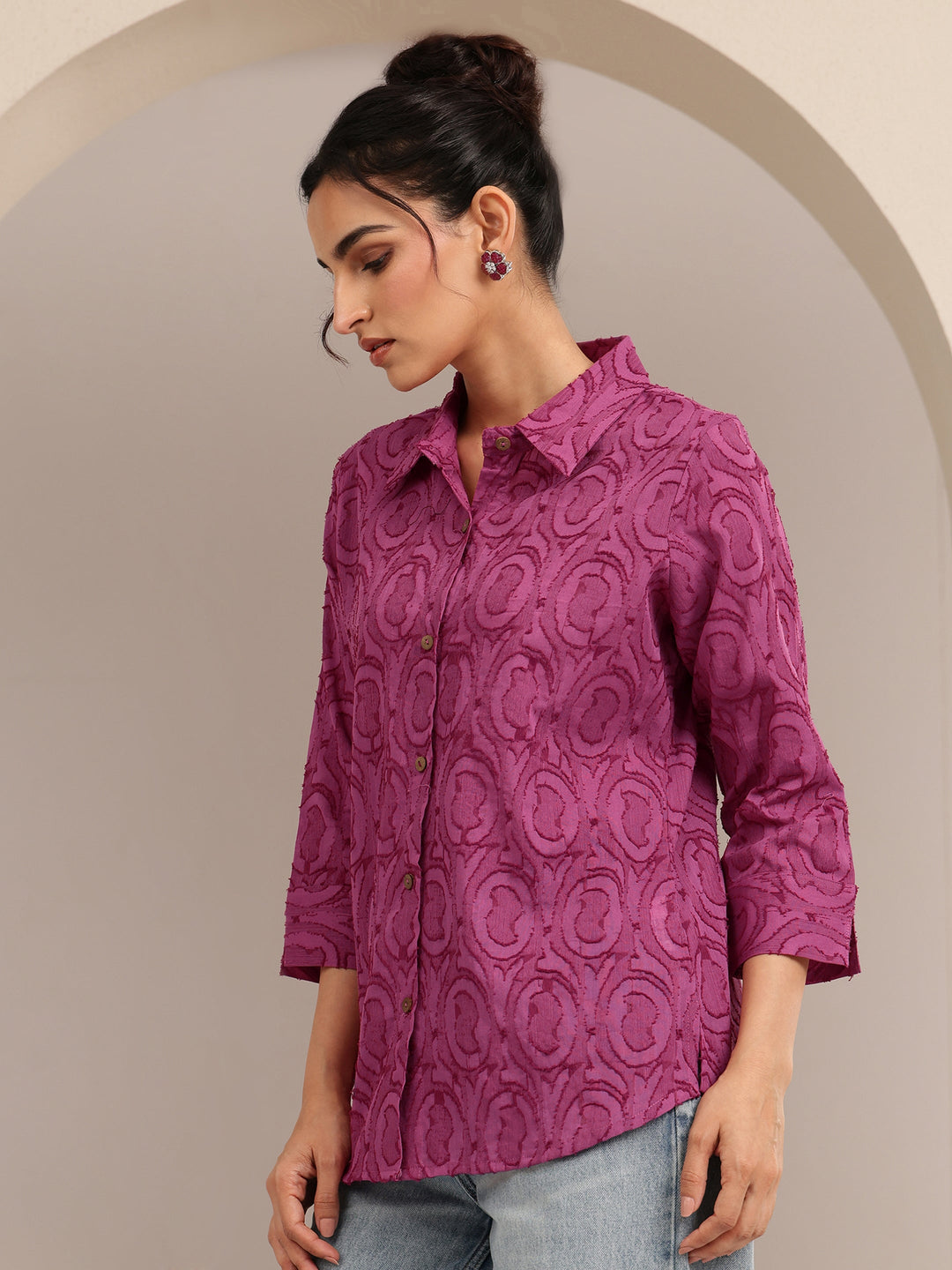  Dark Pink Textured Cotton Shirt 