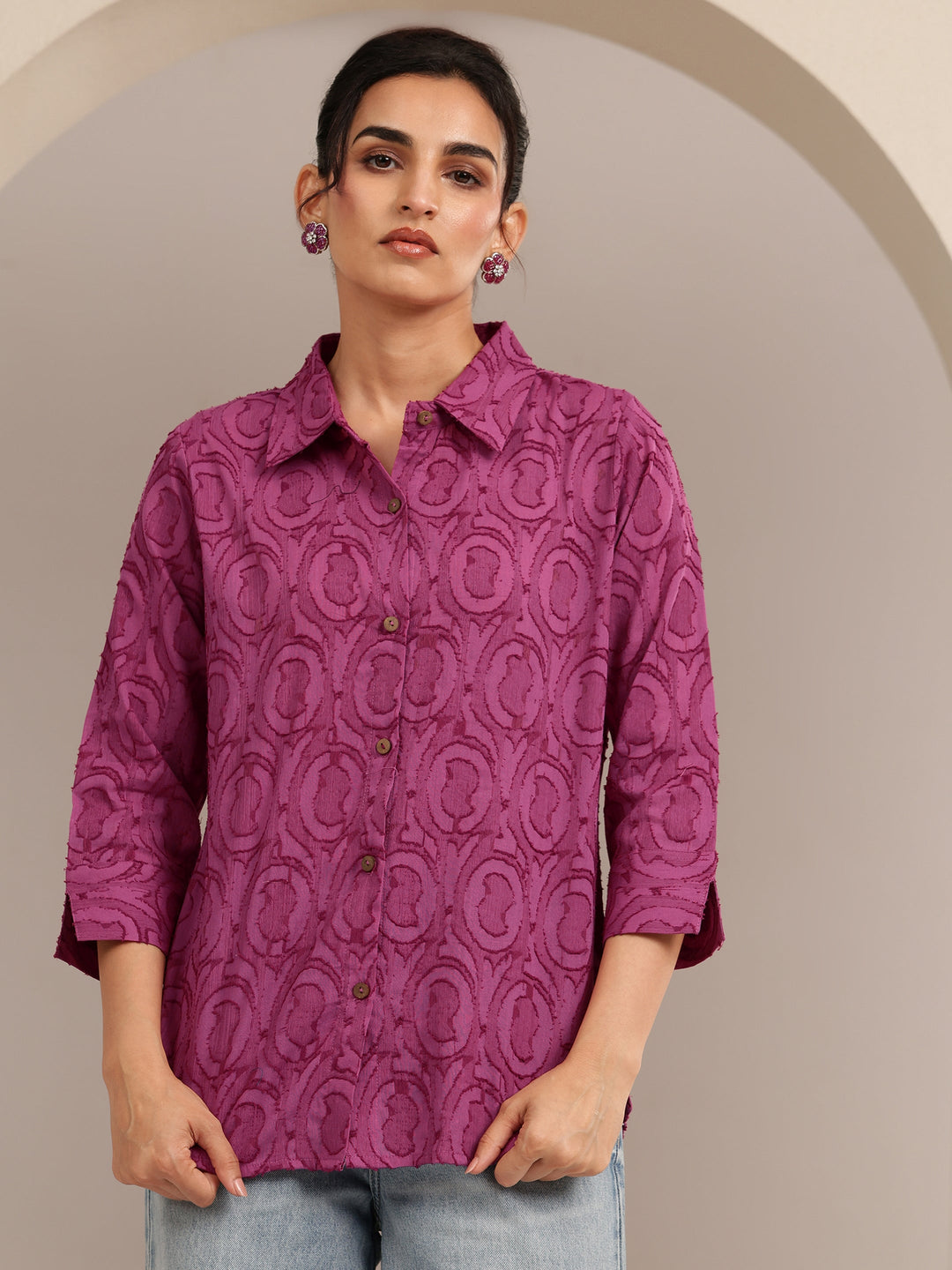  Dark Pink Textured Cotton Shirt 