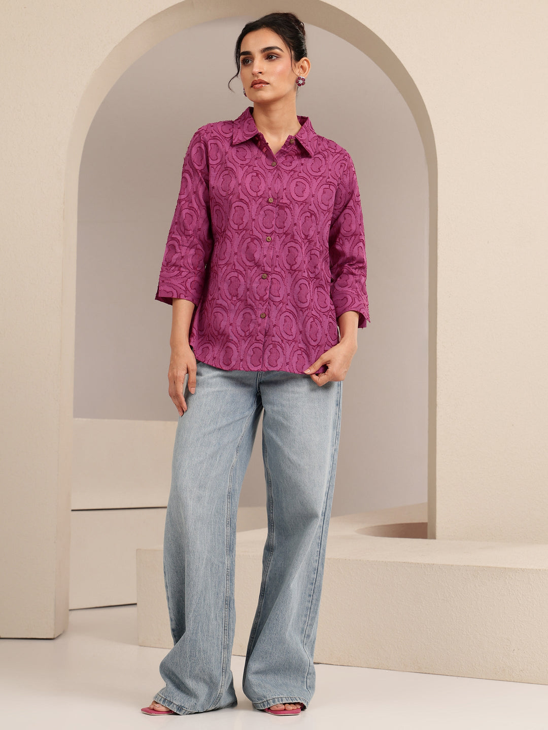  Dark Pink Textured Cotton Shirt 
