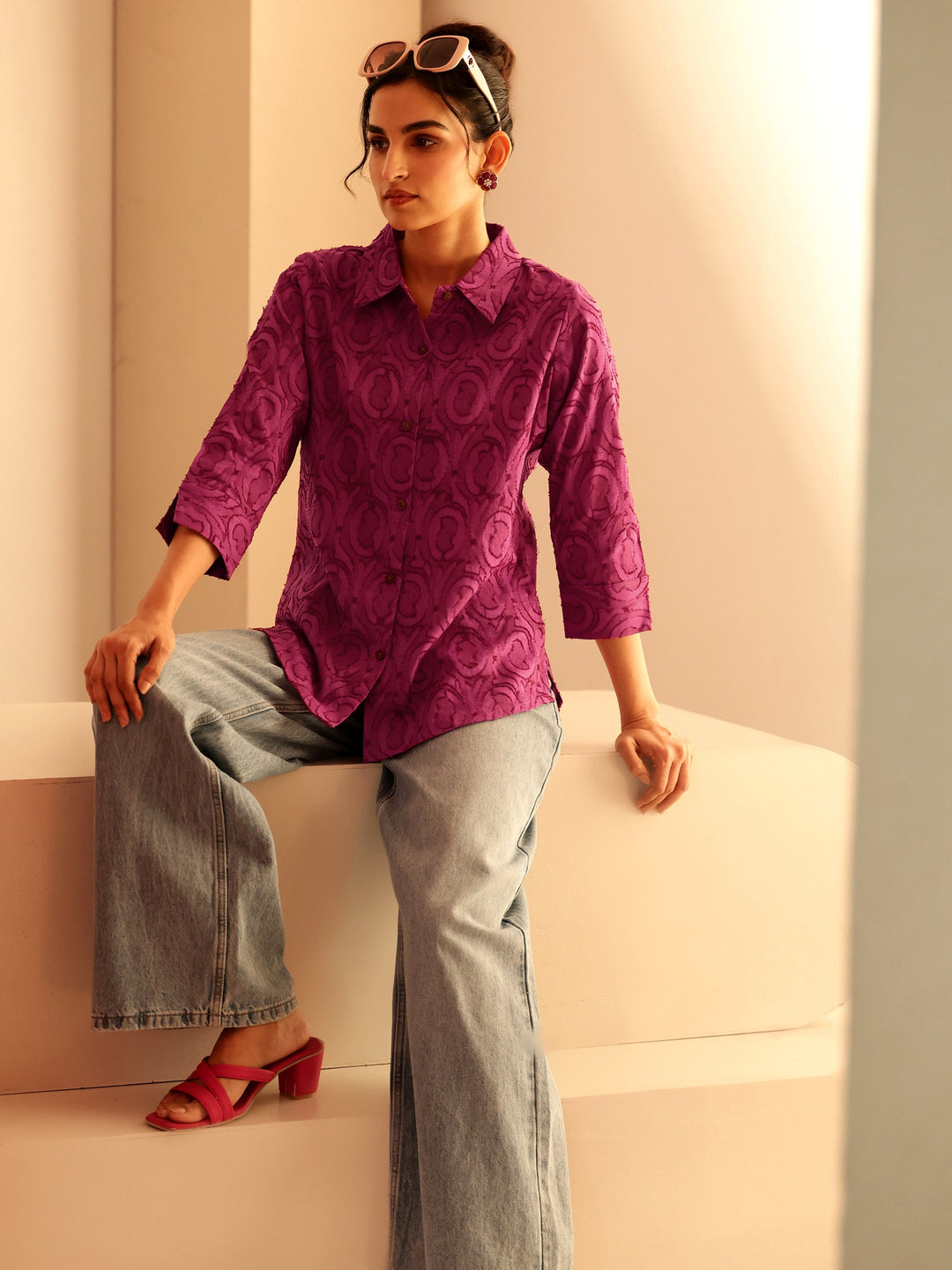  Dark Pink Textured Cotton Shirt 