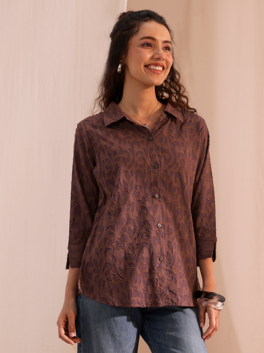  Brown Textured Cotton Shirt 