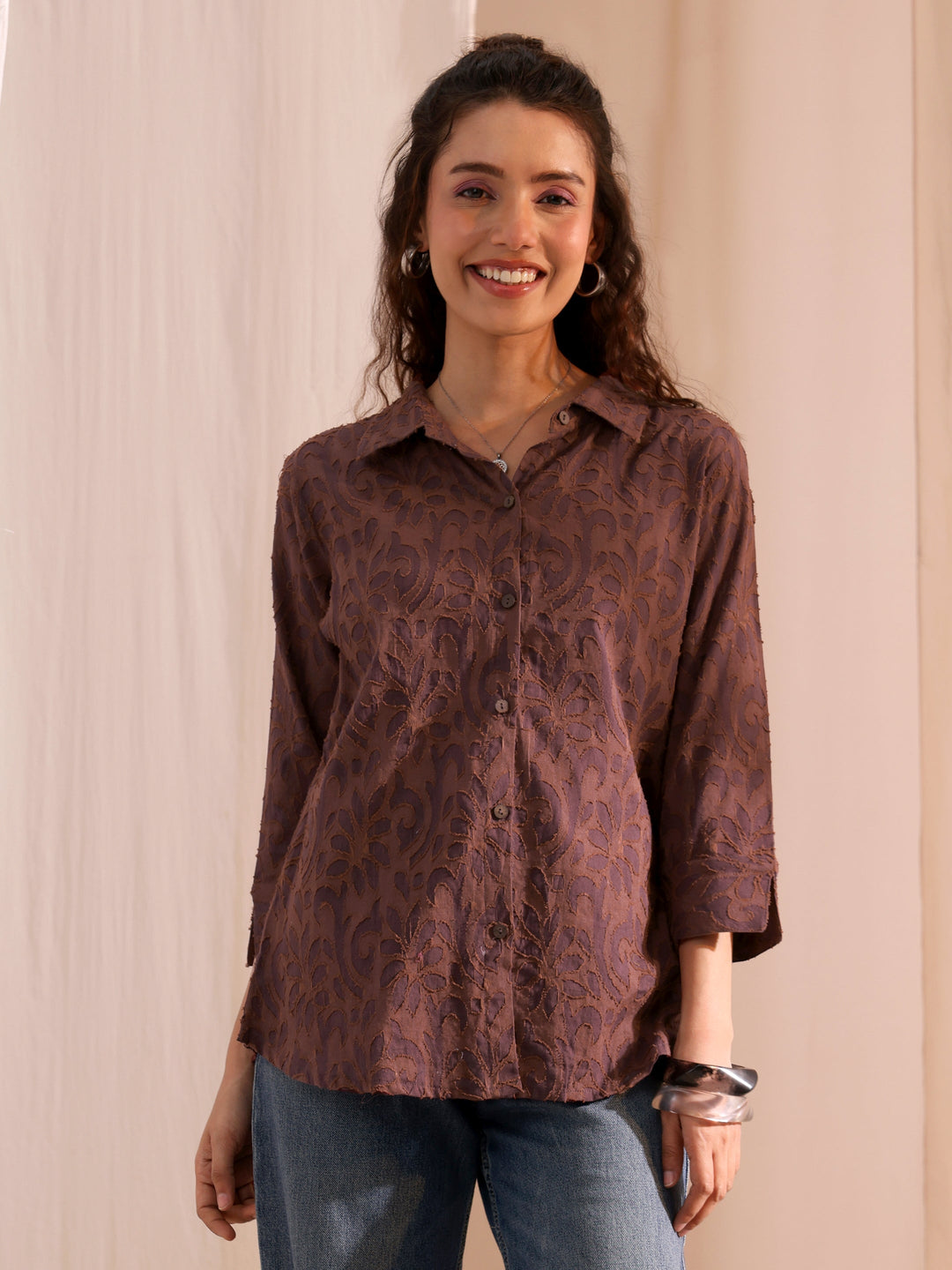  Brown Textured Cotton Shirt 