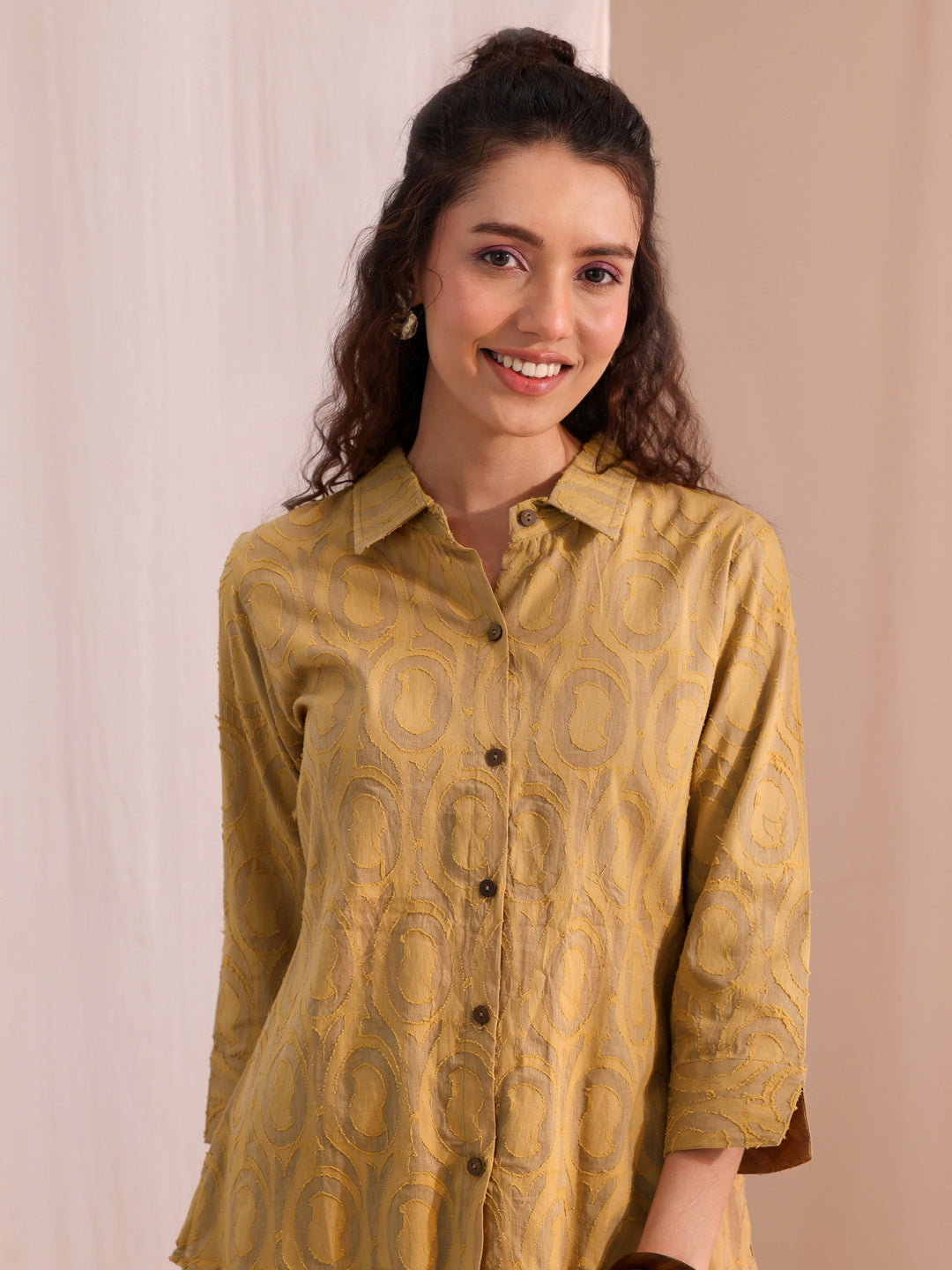  Beige Textured Cotton Shirt 