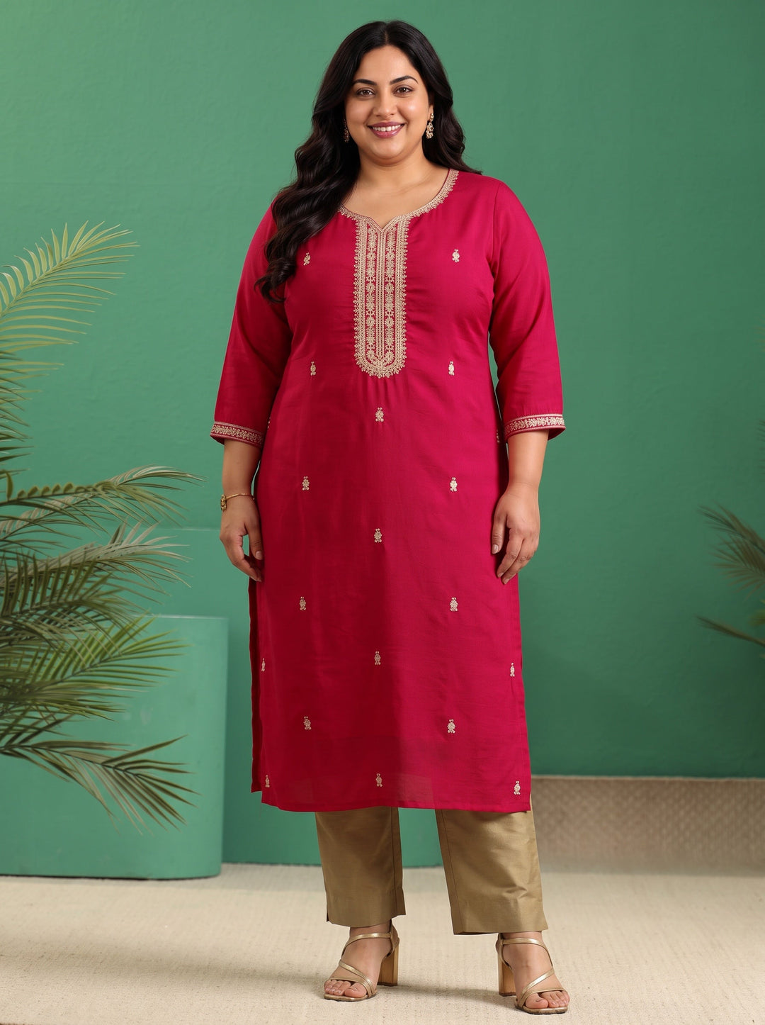  Plus Size Rose Red Yoke Embroidered Silk Blend Straight Kurta 