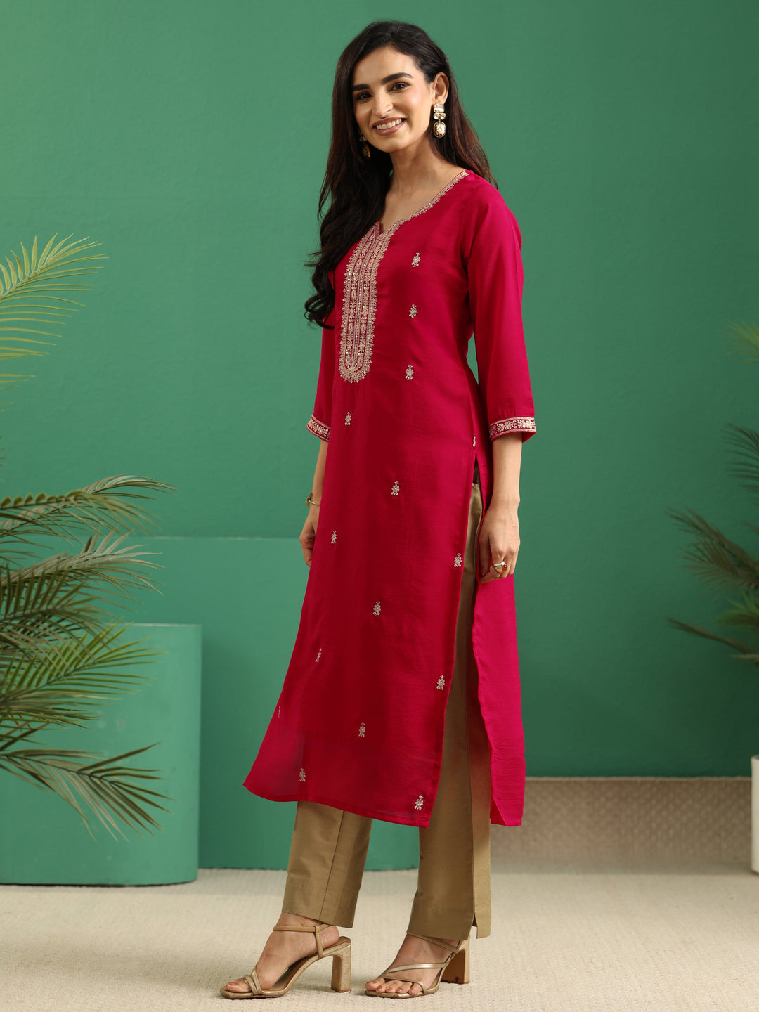  Libas Rose Red Yoke Embroidered Silk Blend Straight Kurta 