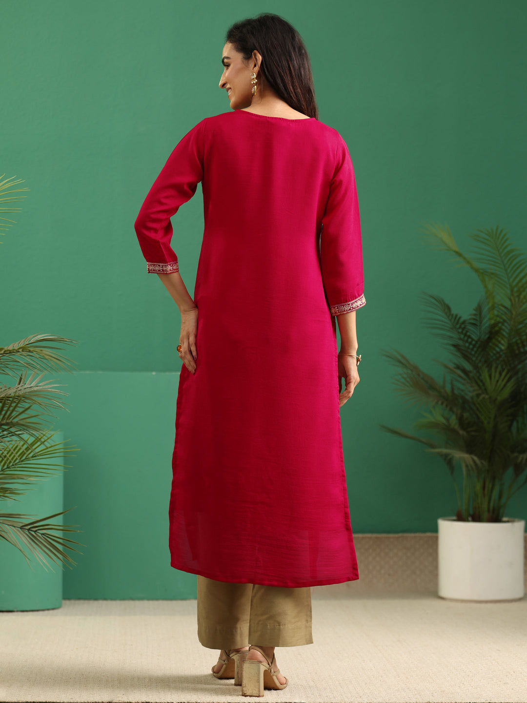  Libas Rose Red Yoke Embroidered Silk Blend Straight Kurta 