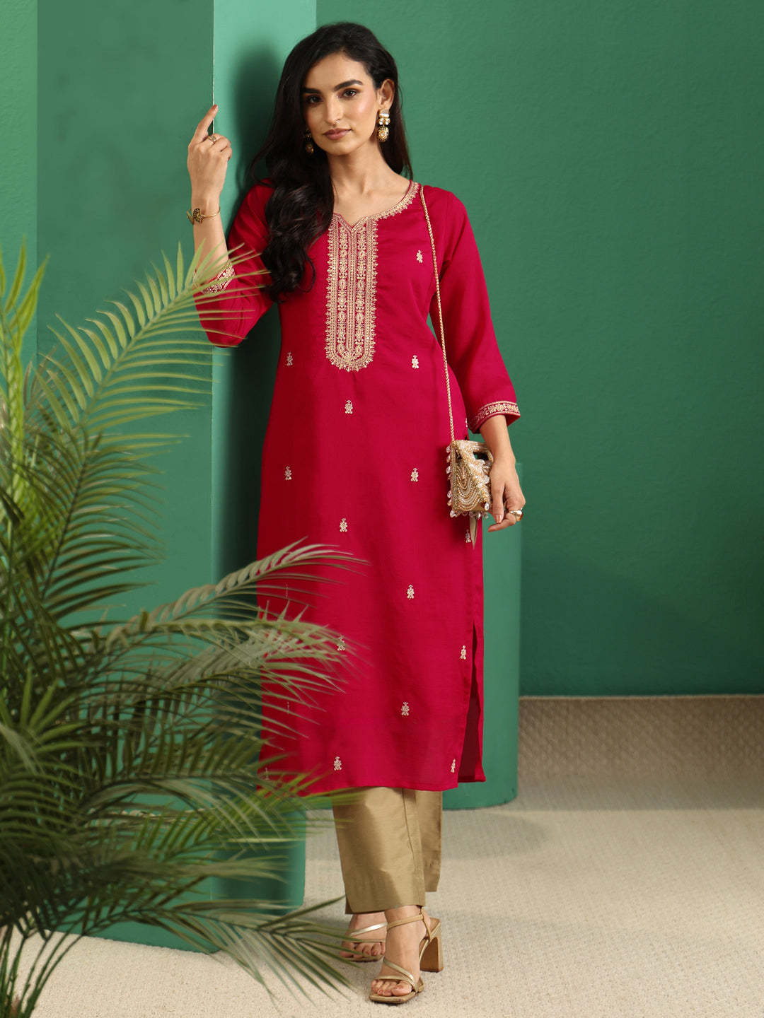  Libas Rose Red Yoke Embroidered Silk Blend Straight Kurta 