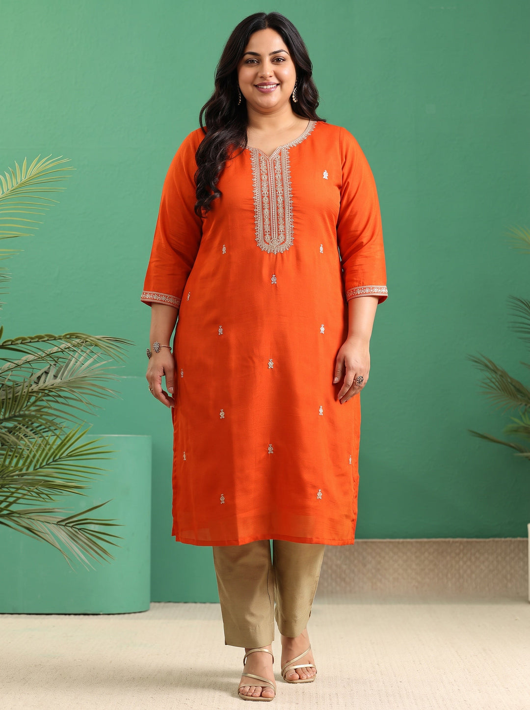  Plus Size Orange Yoke Embroidered Silk Blend Straight Kurta 