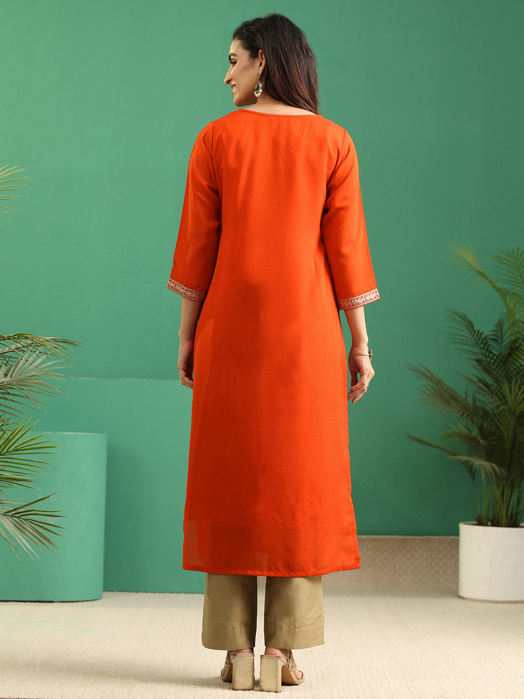  Libas Orange Yoke Embroidered Silk Blend Straight Kurta 