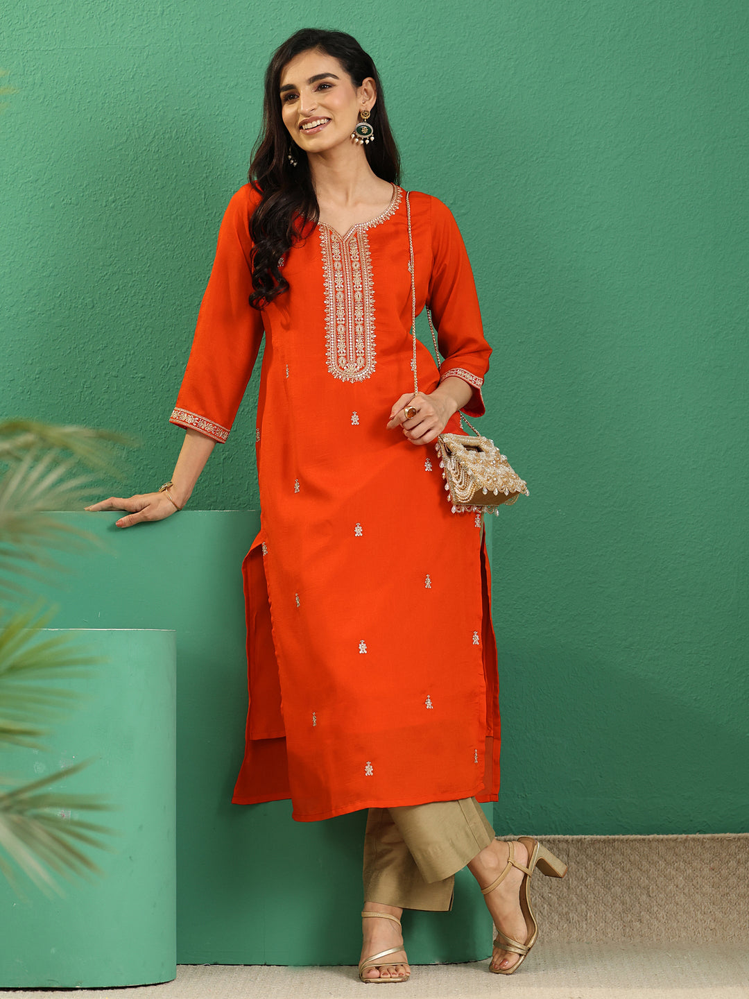  Libas Orange Yoke Embroidered Silk Blend Straight Kurta 