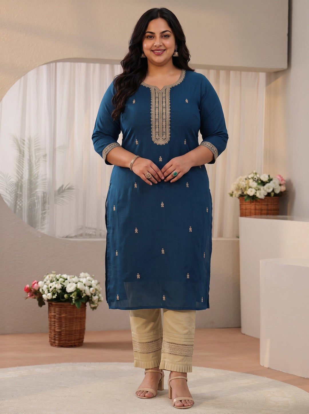  Plus Size Teal Blue Embroidered Silk Blend Straight Kurta 