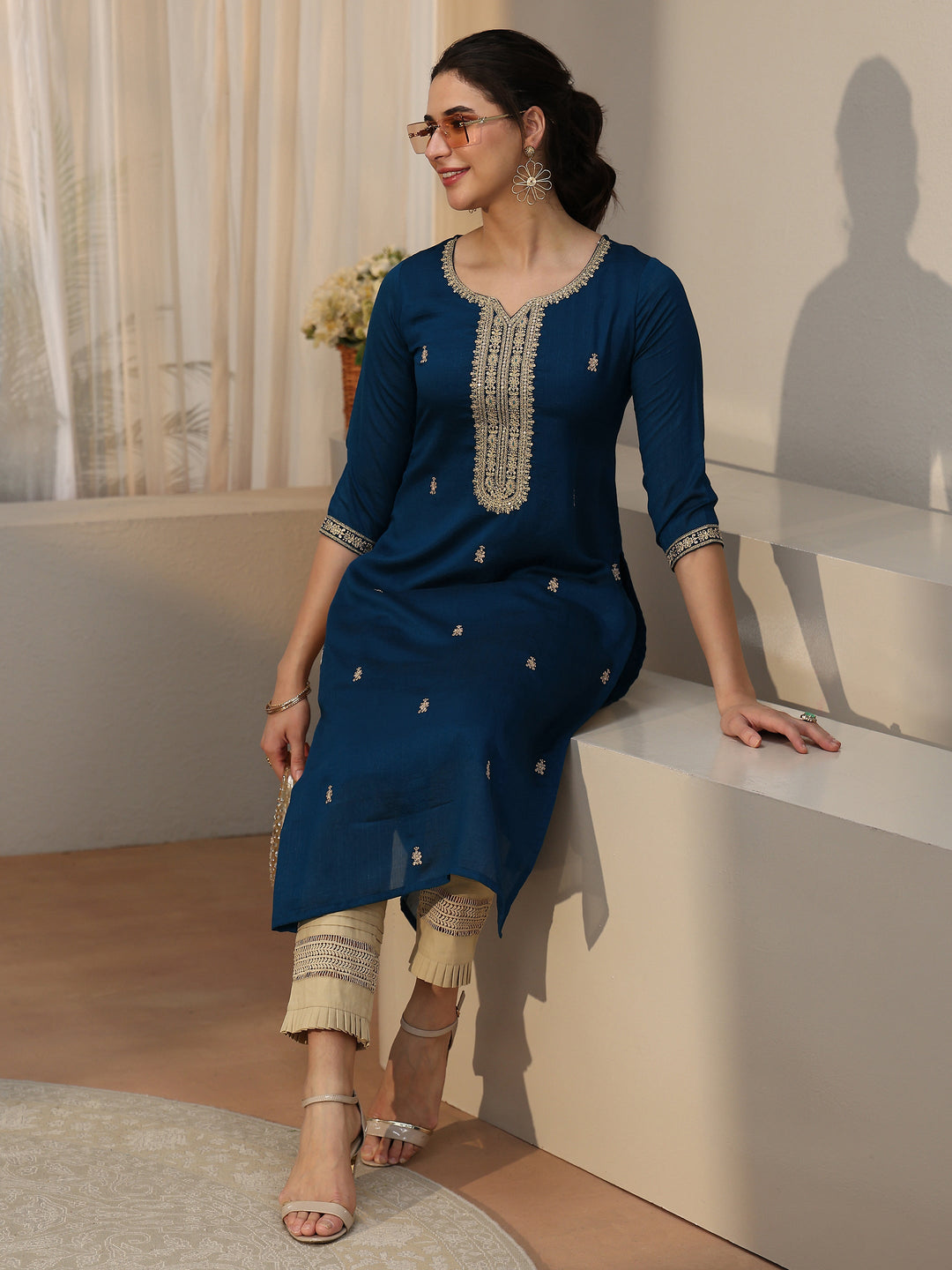  Libas Teal Blue Embroidered Silk Blend Straight Kurta 