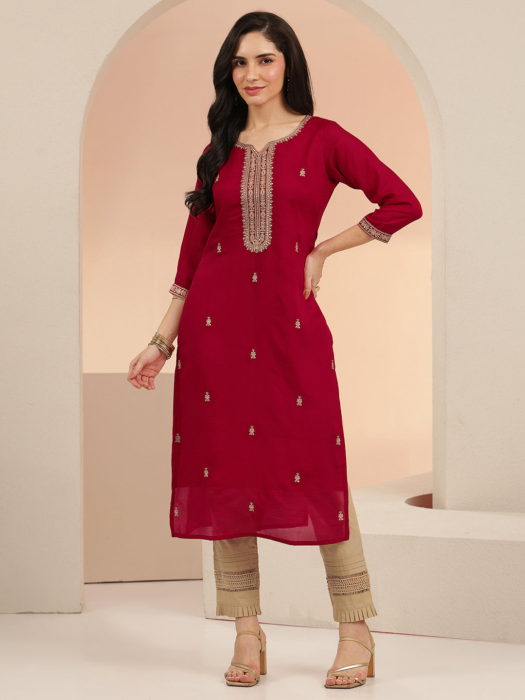  Libas Maroon Embroidered Silk Blend Straight Kurta 