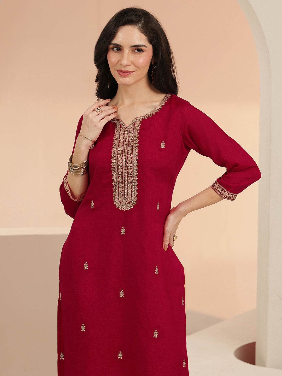  Libas Maroon Embroidered Silk Blend Straight Kurta 