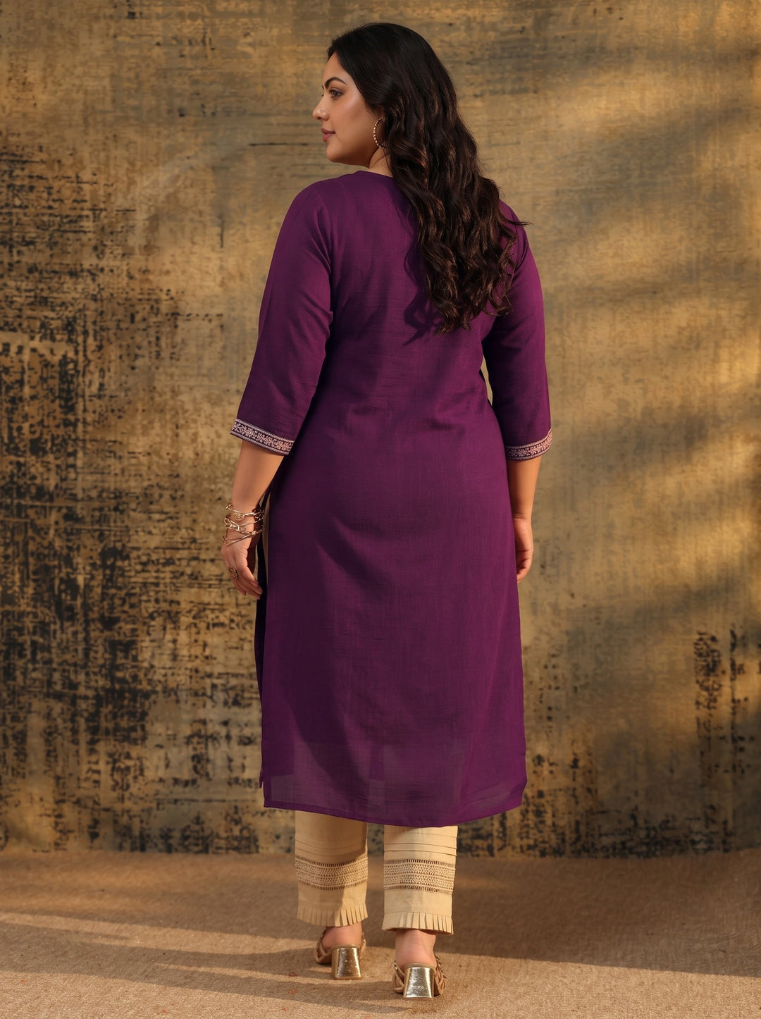  Plus Size Dark Purple Embroidered Silk Blend Straight Kurta 