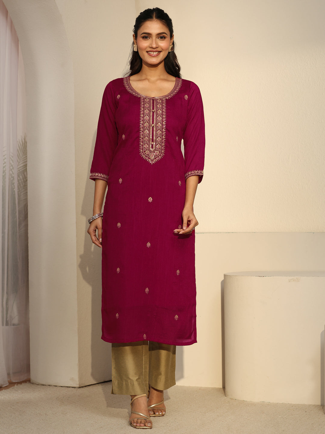  Libas Rani Pink Floral Embroidered Silk Blend Straight Kurta 