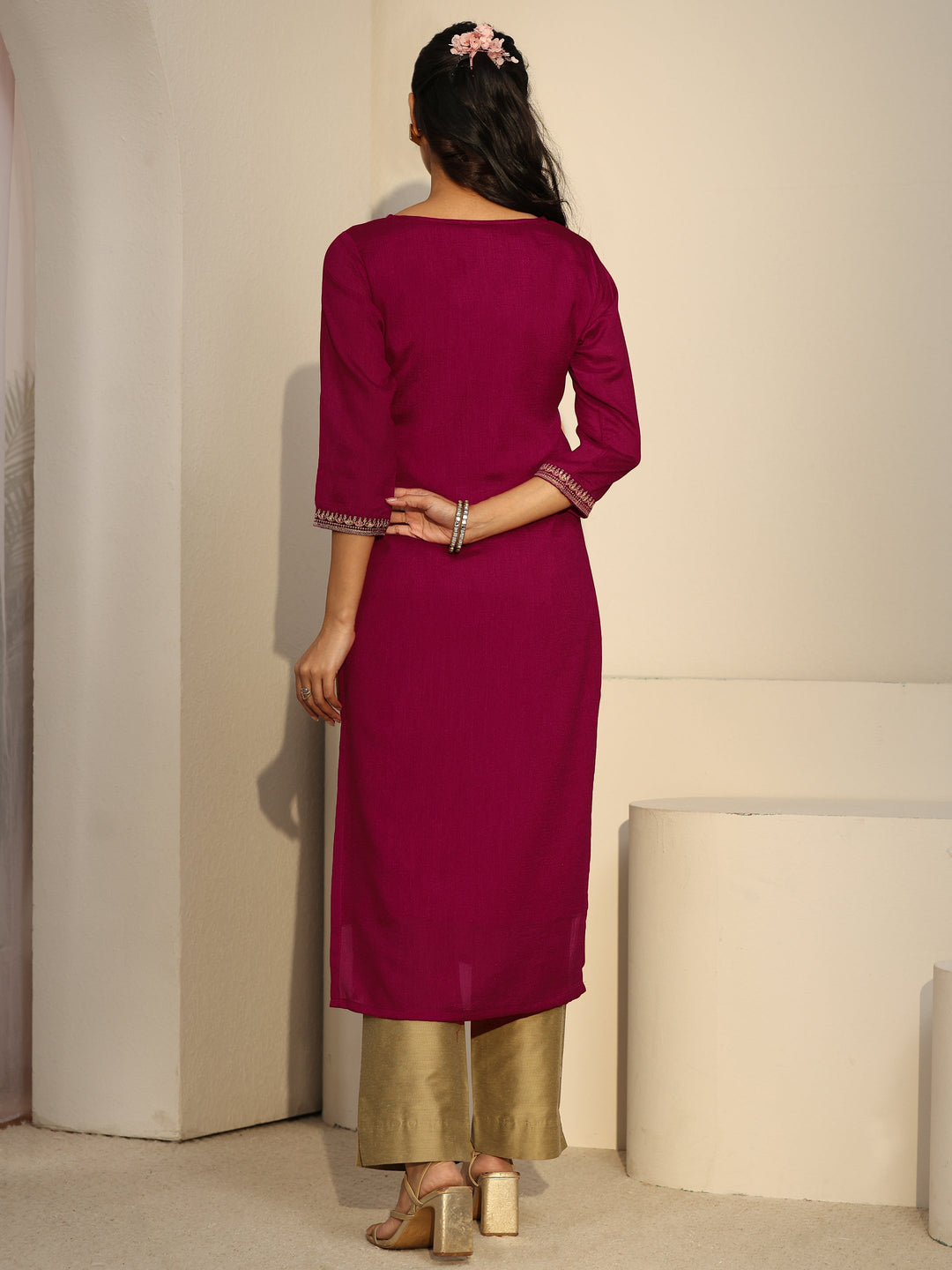  Libas Rani Pink Floral Embroidered Silk Blend Straight Kurta 