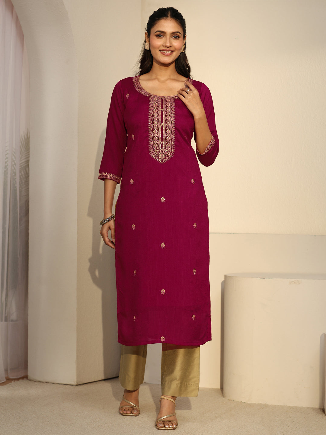  Libas Rani Pink Floral Embroidered Silk Blend Straight Kurta 