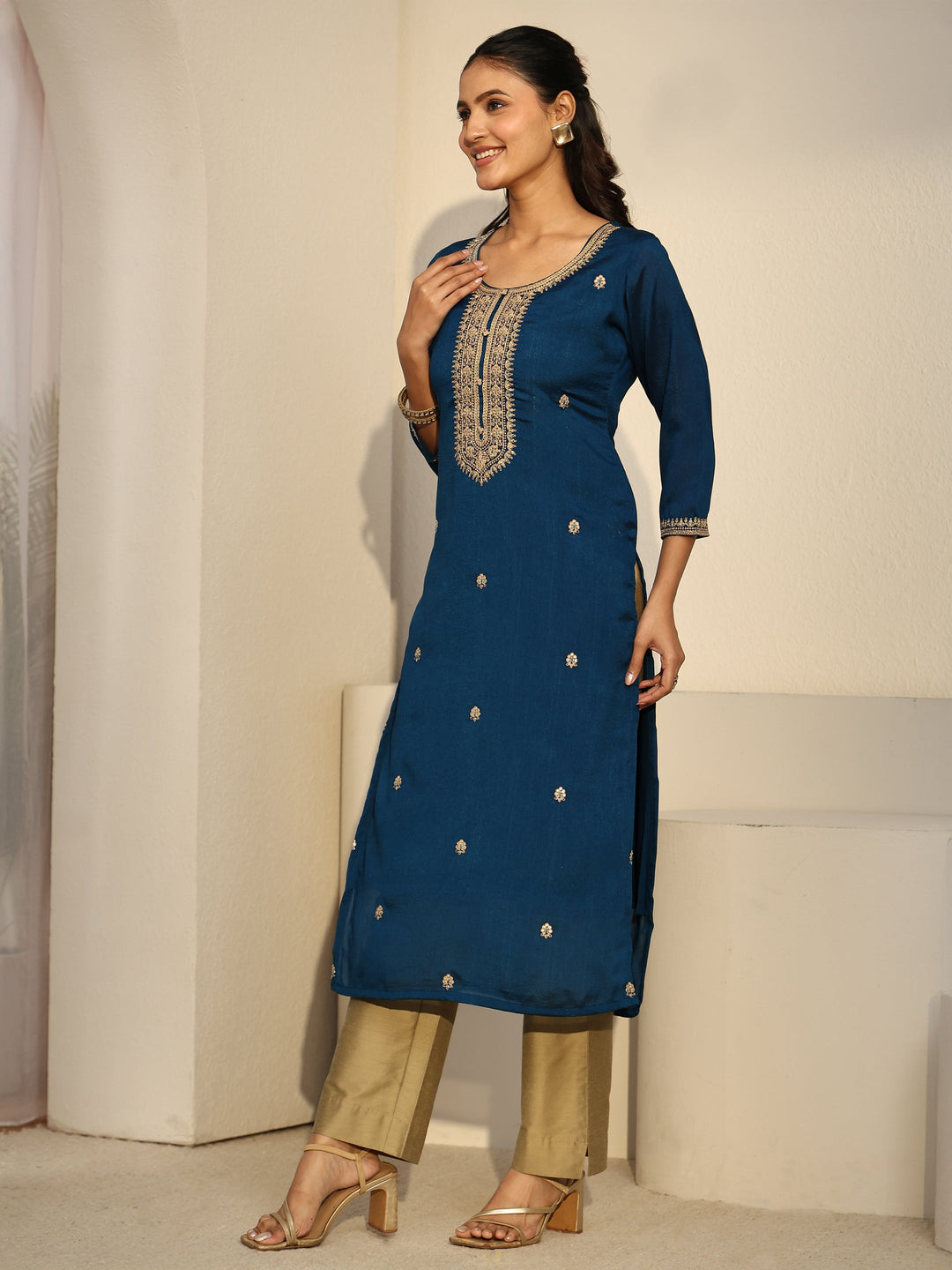  Libas Teal Blue Floral Embroidered Silk Blend Straight Kurta 