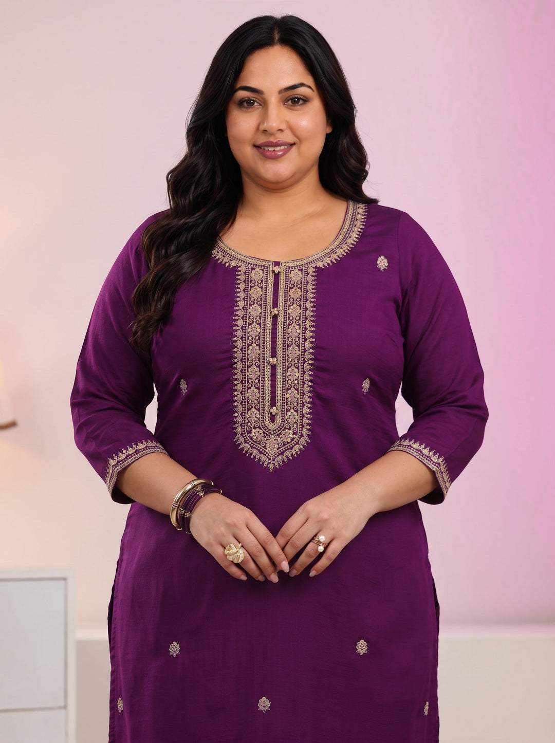  Plus Size Aubergine Purple Floral Embroidered Silk Blend Straight Kurta 