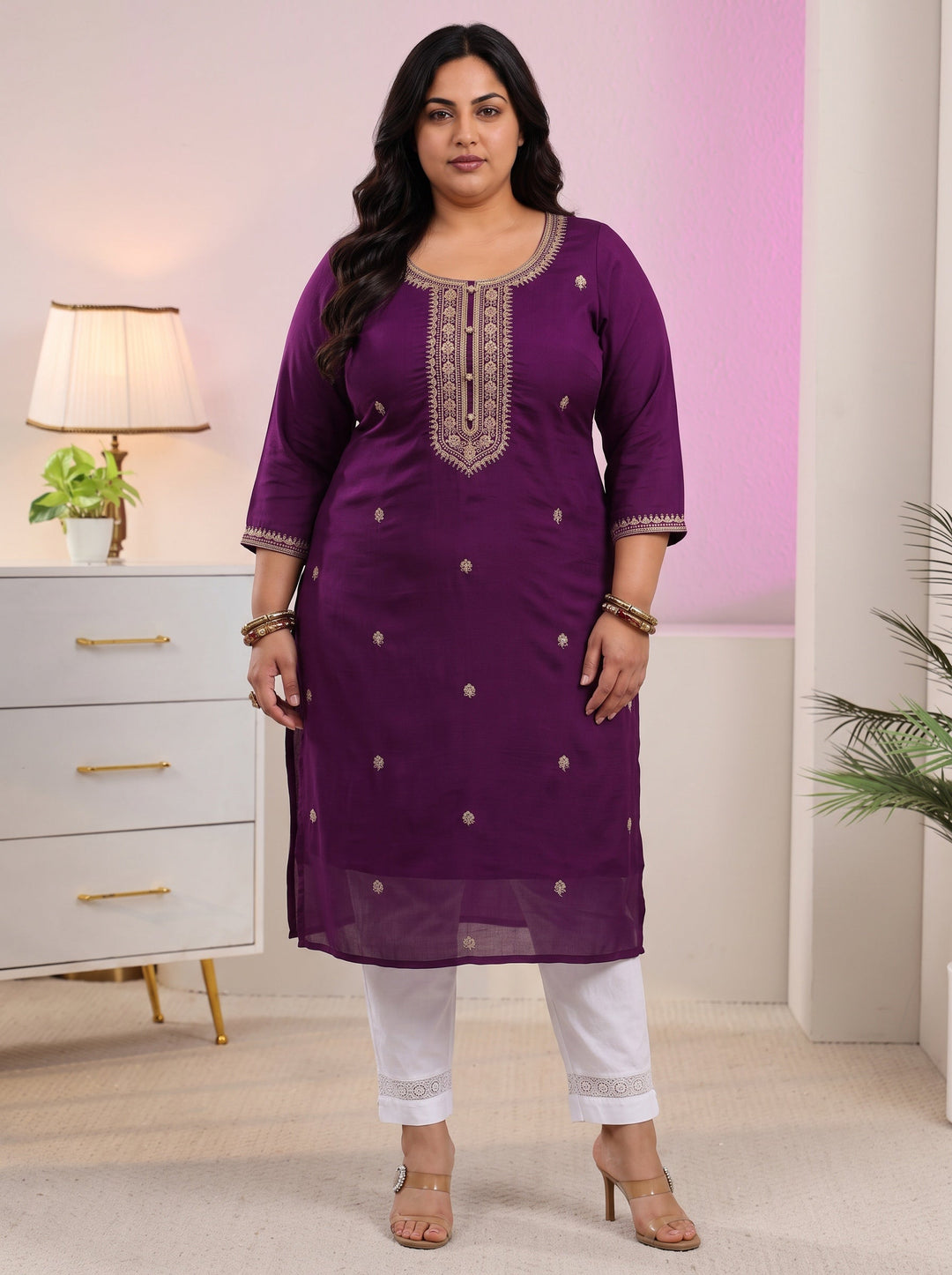  Plus Size Aubergine Purple Floral Embroidered Silk Blend Straight Kurta 