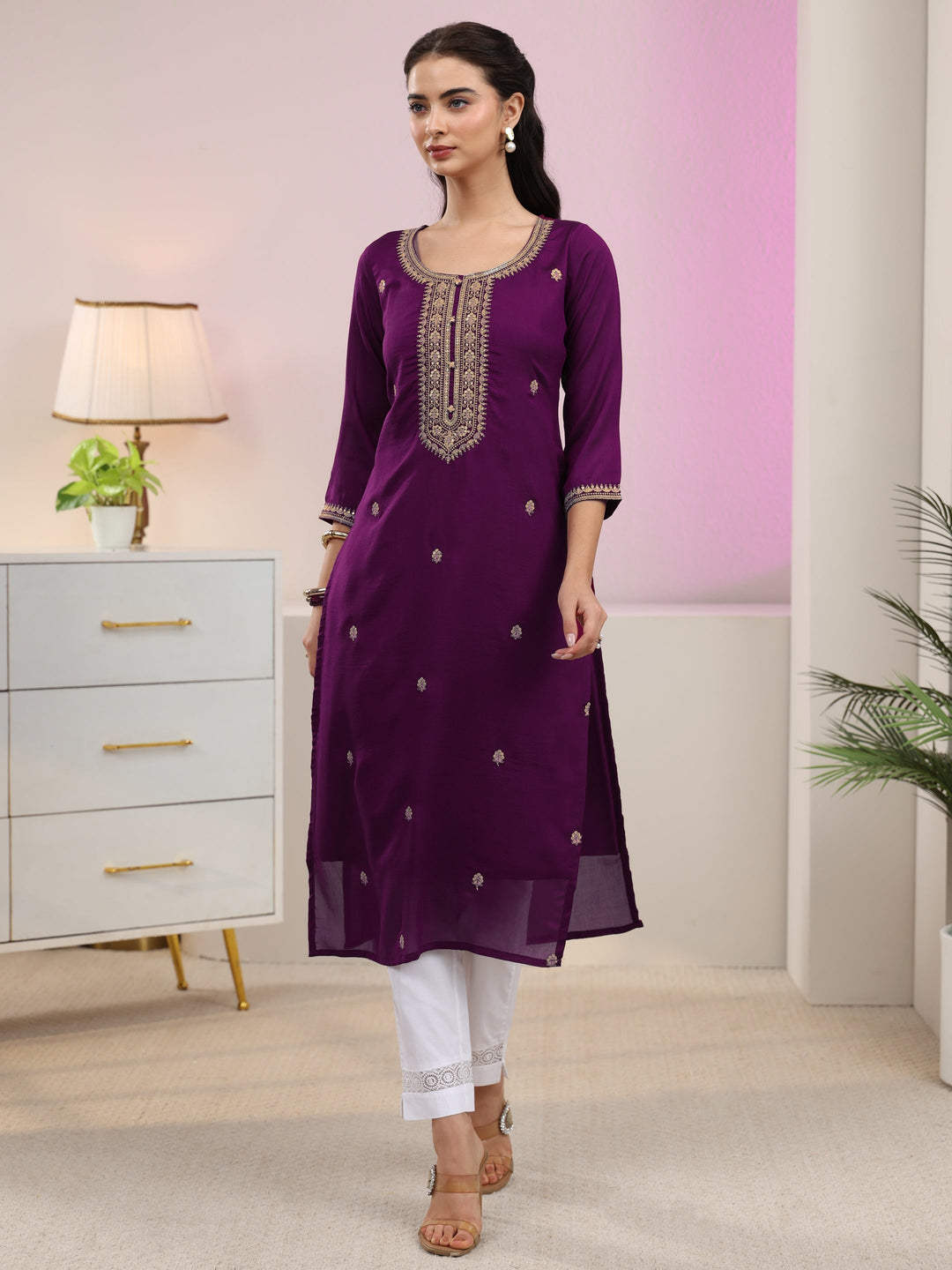  Libas Aubergine Purple Floral Embroidered Silk Blend Straight Kurta 