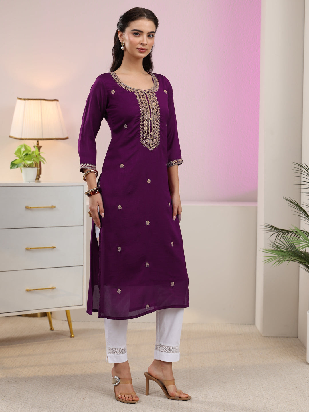  Libas Aubergine Purple Floral Embroidered Silk Blend Straight Kurta 