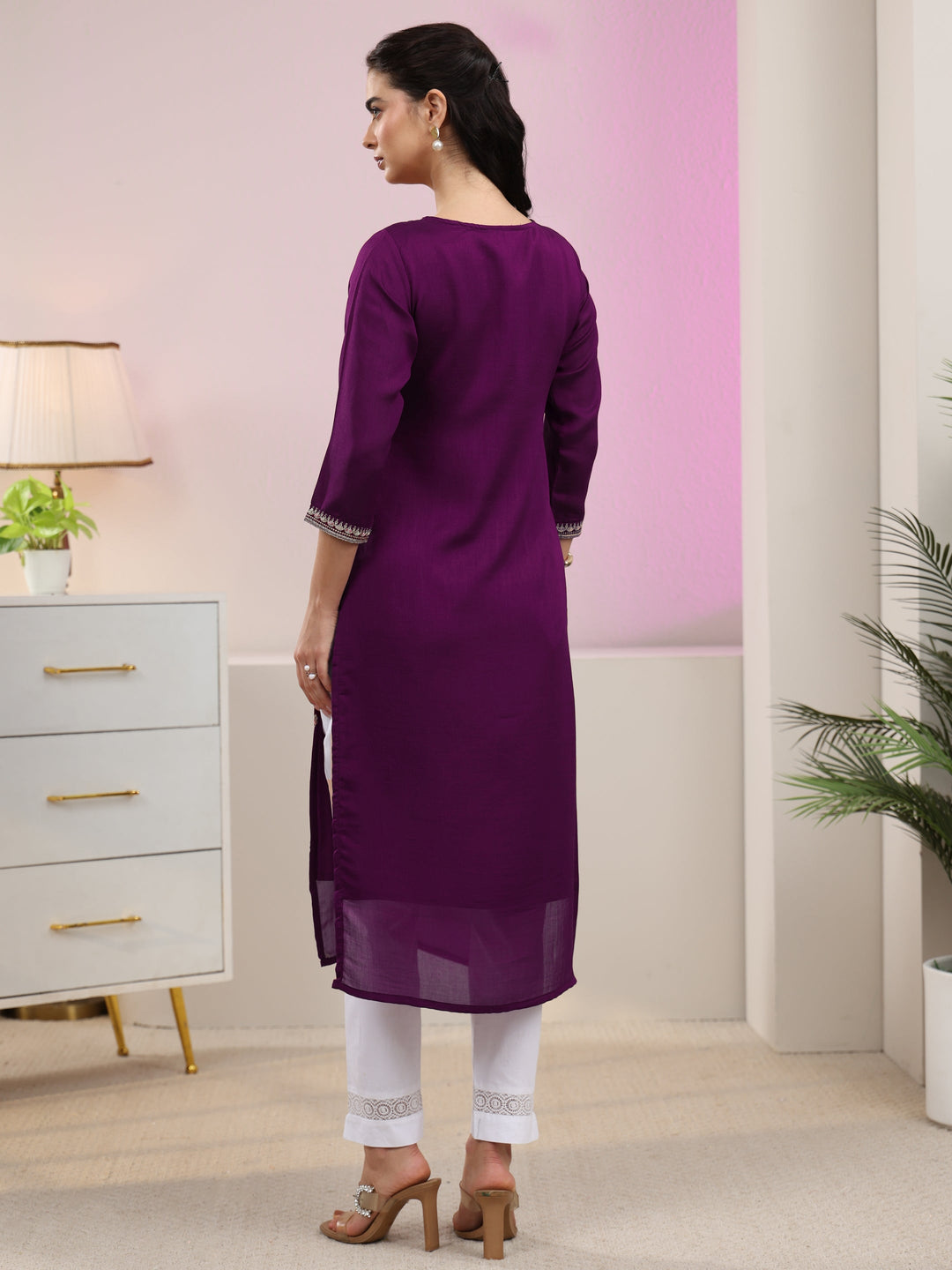  Libas Aubergine Purple Floral Embroidered Silk Blend Straight Kurta 
