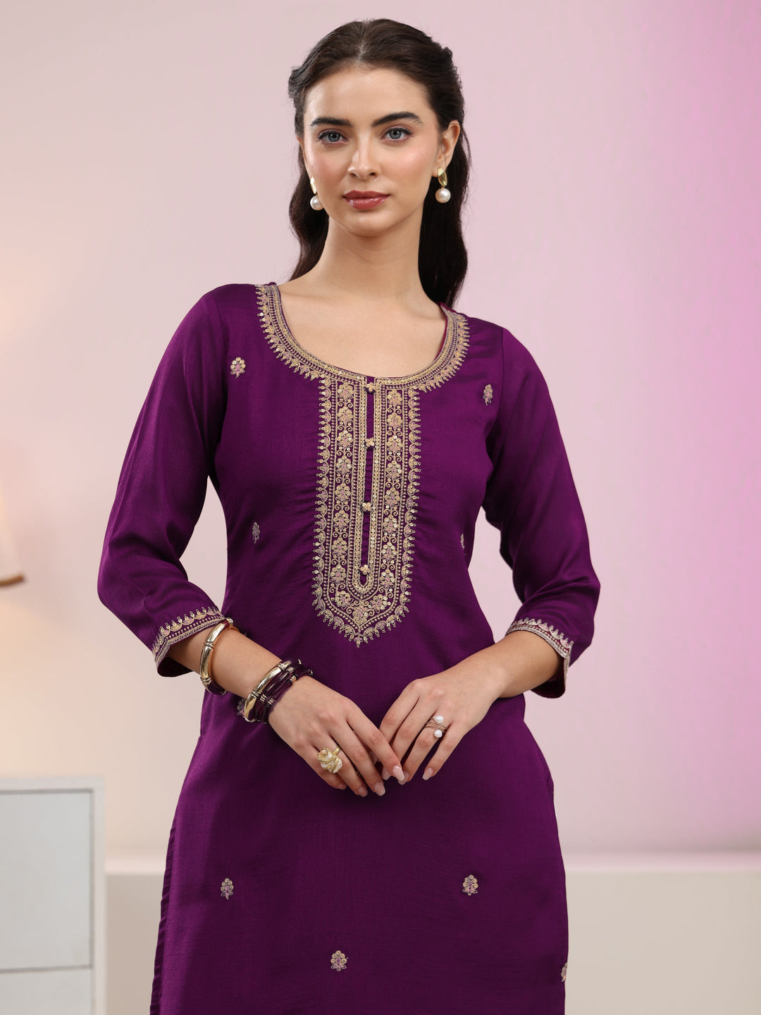  Libas Aubergine Purple Floral Embroidered Silk Blend Straight Kurta 