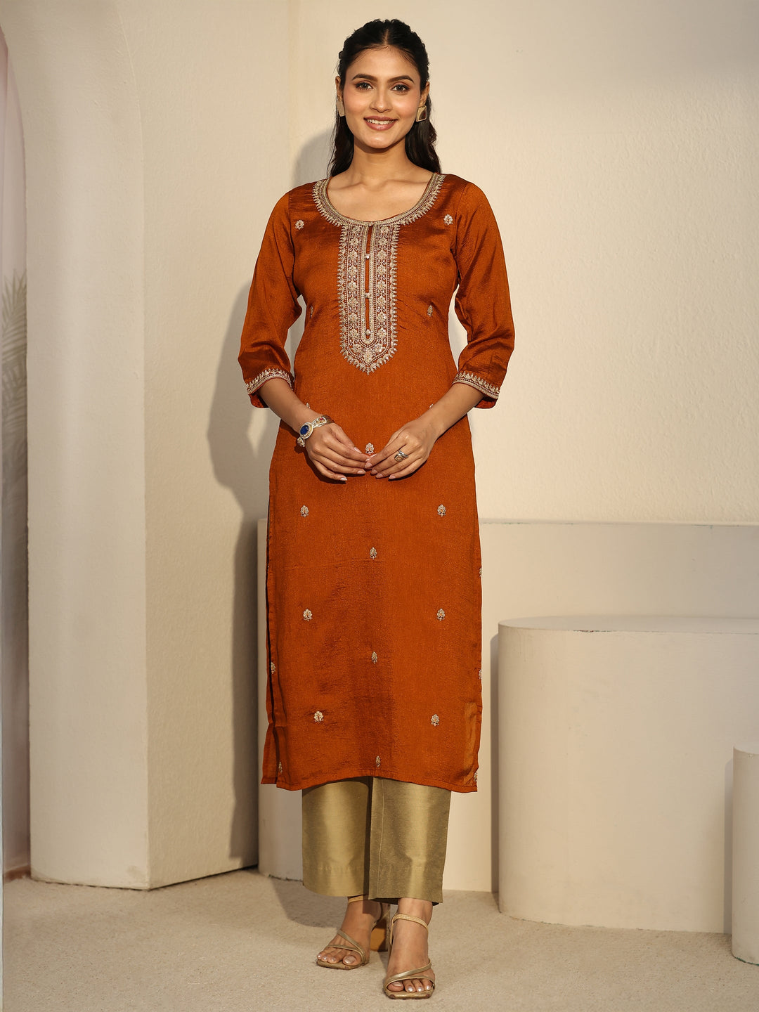  Libas Rust Brown Floral Embroidered Silk Blend Straight Kurta 